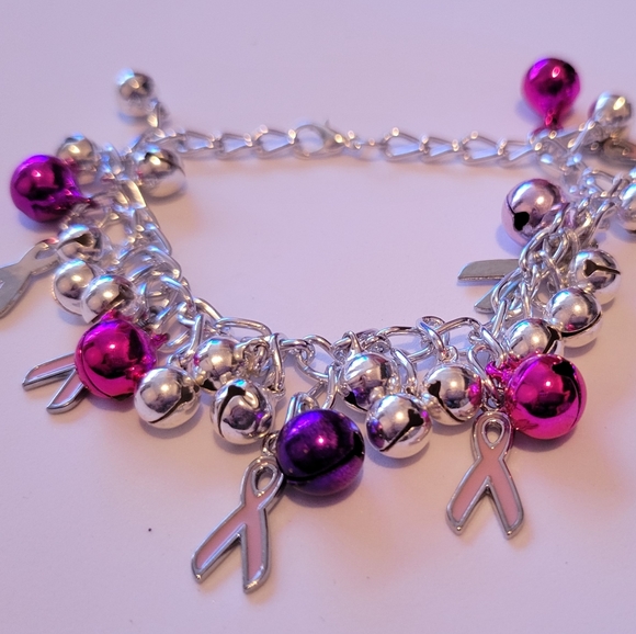 C.A.P Pink,purple, pink ribbon charm bells on bracelet. - Picture 2 of 2
